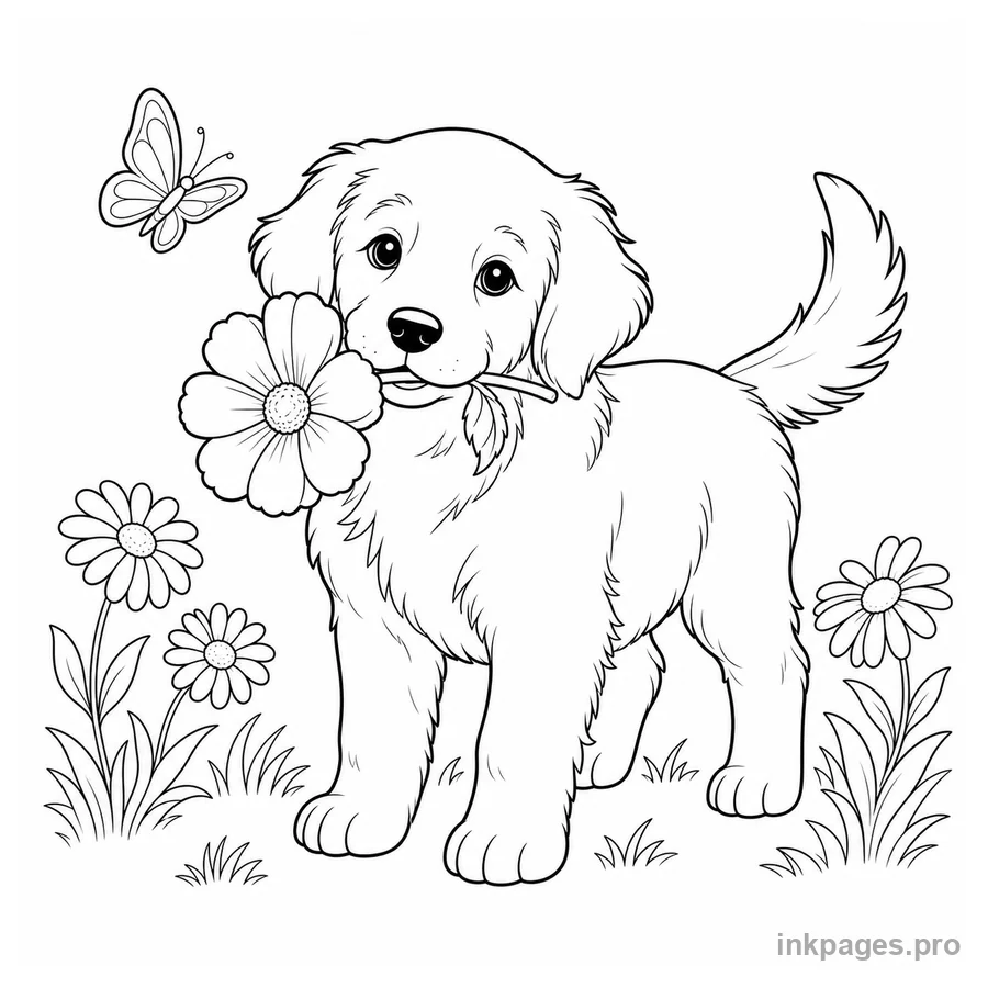 Free printable dog coloring page: a recognizable golden retriever puppy carrying a flower in a simple garden