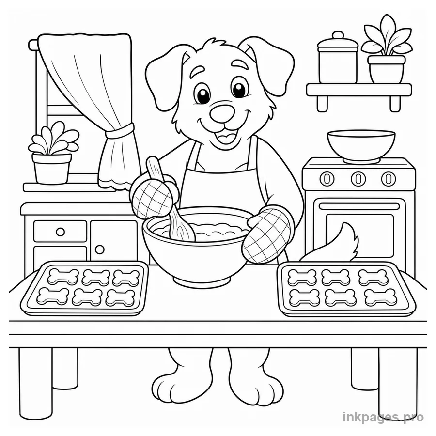 Free printable dog coloring page: a cheerful dog baking simple bone-shaped cookies in a cozy kitchen with a mixing bowl and oven mitts