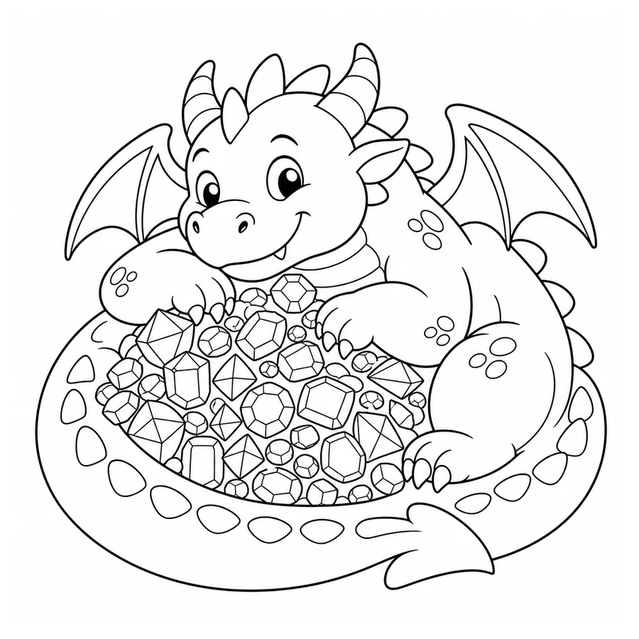 Free printable dragon coloring page: a chubby dragon curled around a pile of gems