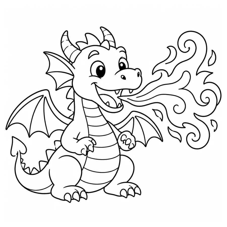 Free printable dragon coloring page: a dragon breathing a swirl of friendly fire