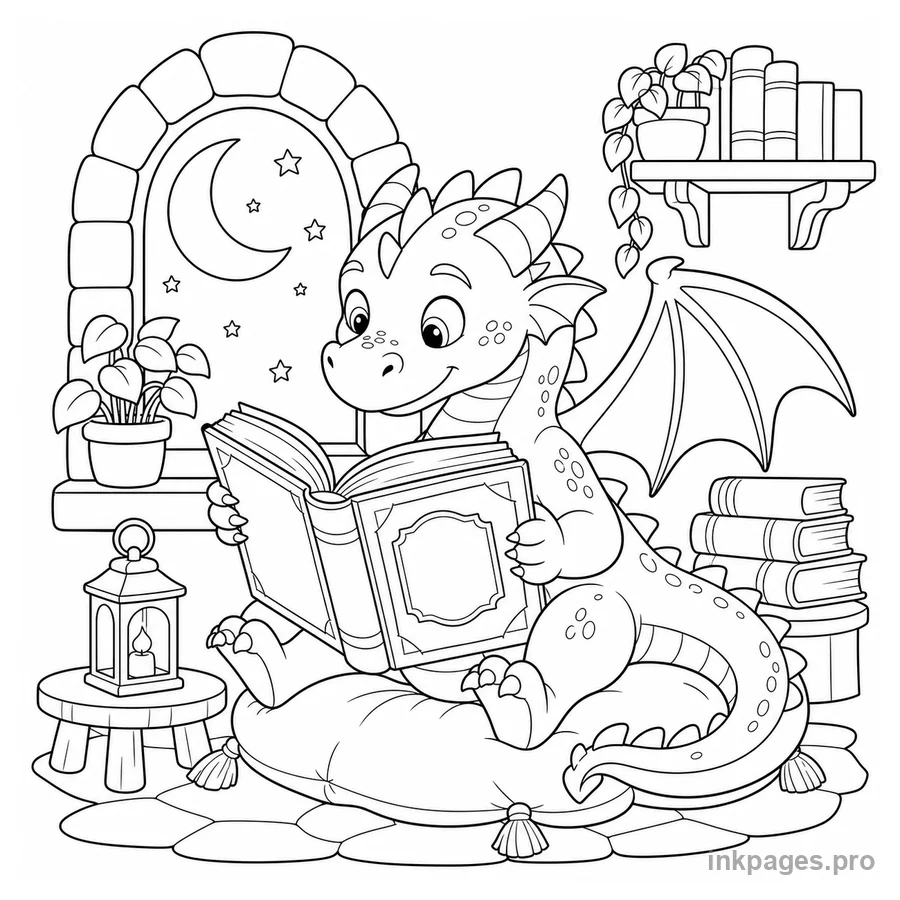 Free printable dragon coloring page: a friendly young dragon reading a large storybook beside a castle window