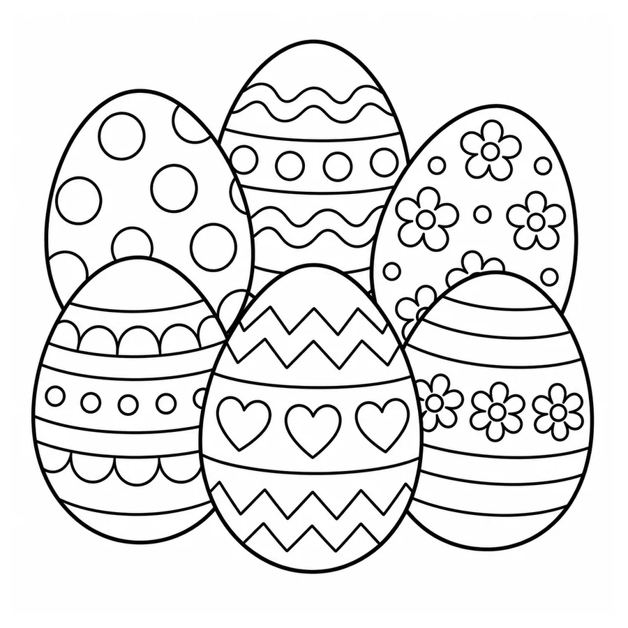 Free printable easter coloring page: a group of decorated Easter eggs with patterns
