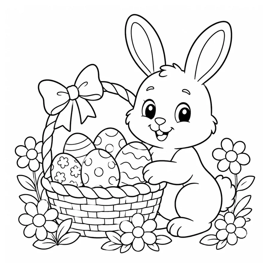 Free printable easter coloring page: a bunny next to a basket of eggs and flowers