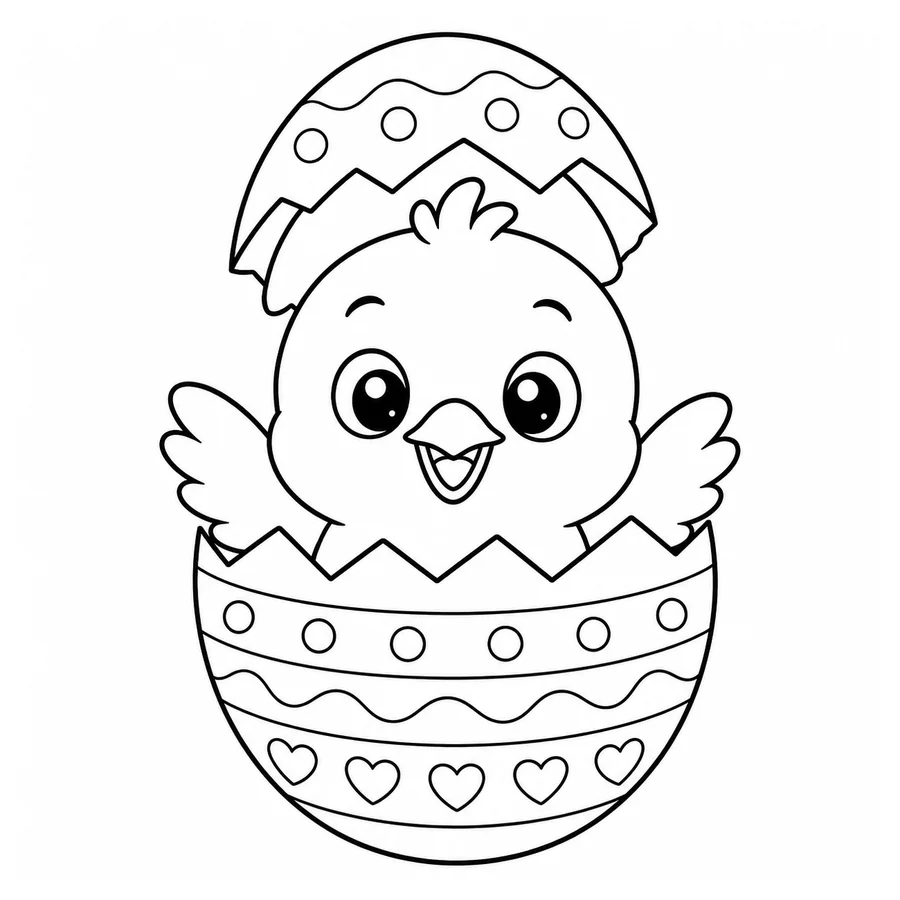 Free printable easter coloring page: a baby chick hatching from a decorated egg