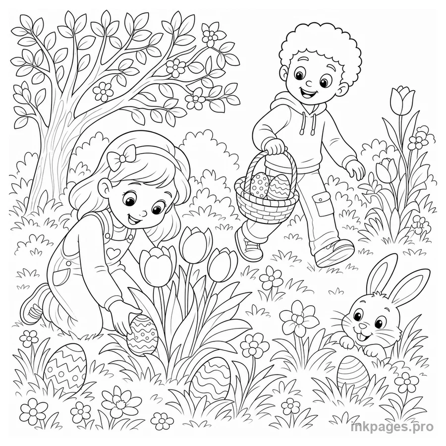 Free printable easter coloring page: two children searching for decorated eggs among spring flowers and a small tree