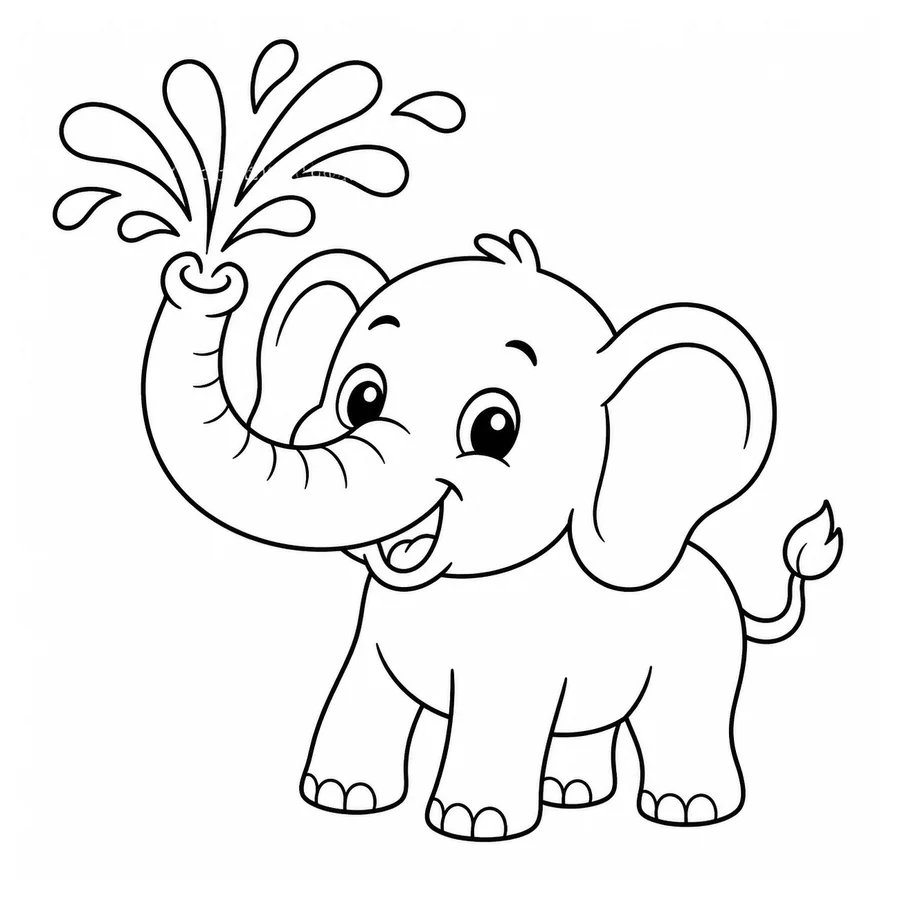 Free printable elephant coloring page: an elephant spraying water with its trunk