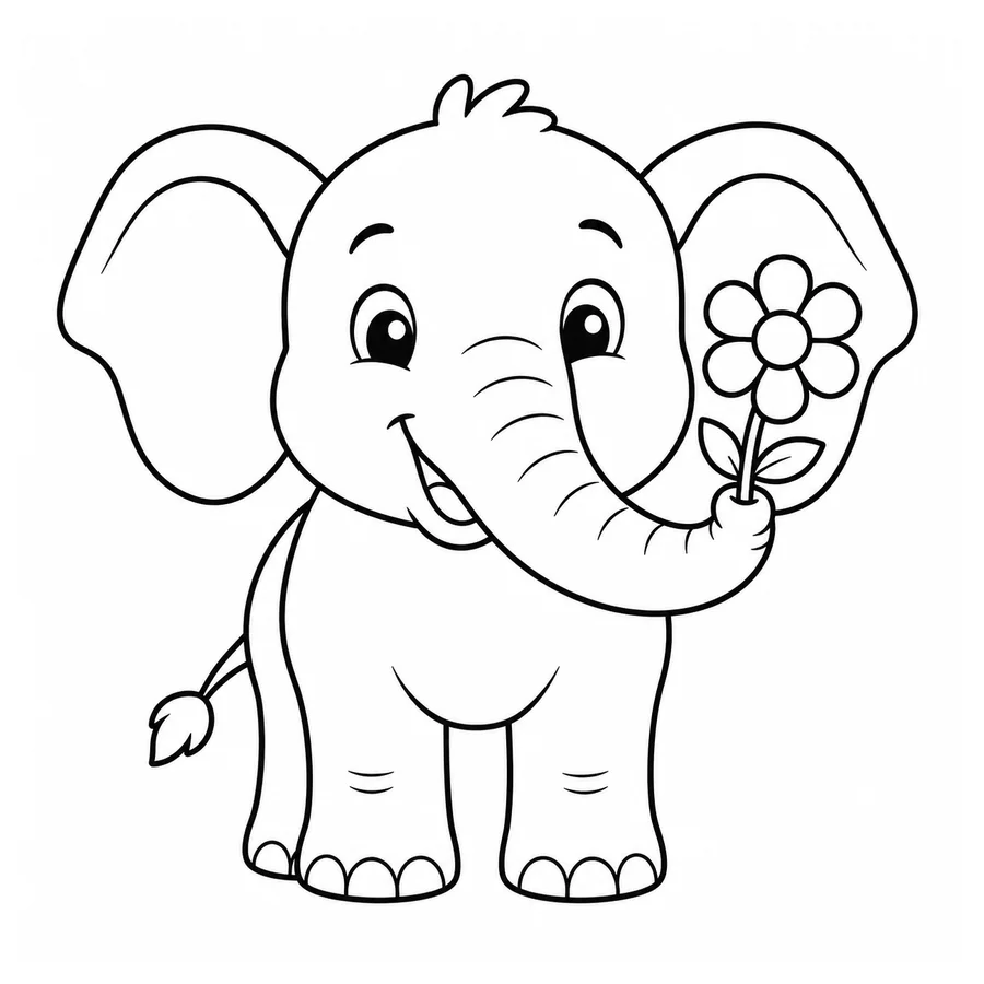 Free printable elephant coloring page: a smiling elephant holding a flower in its trunk