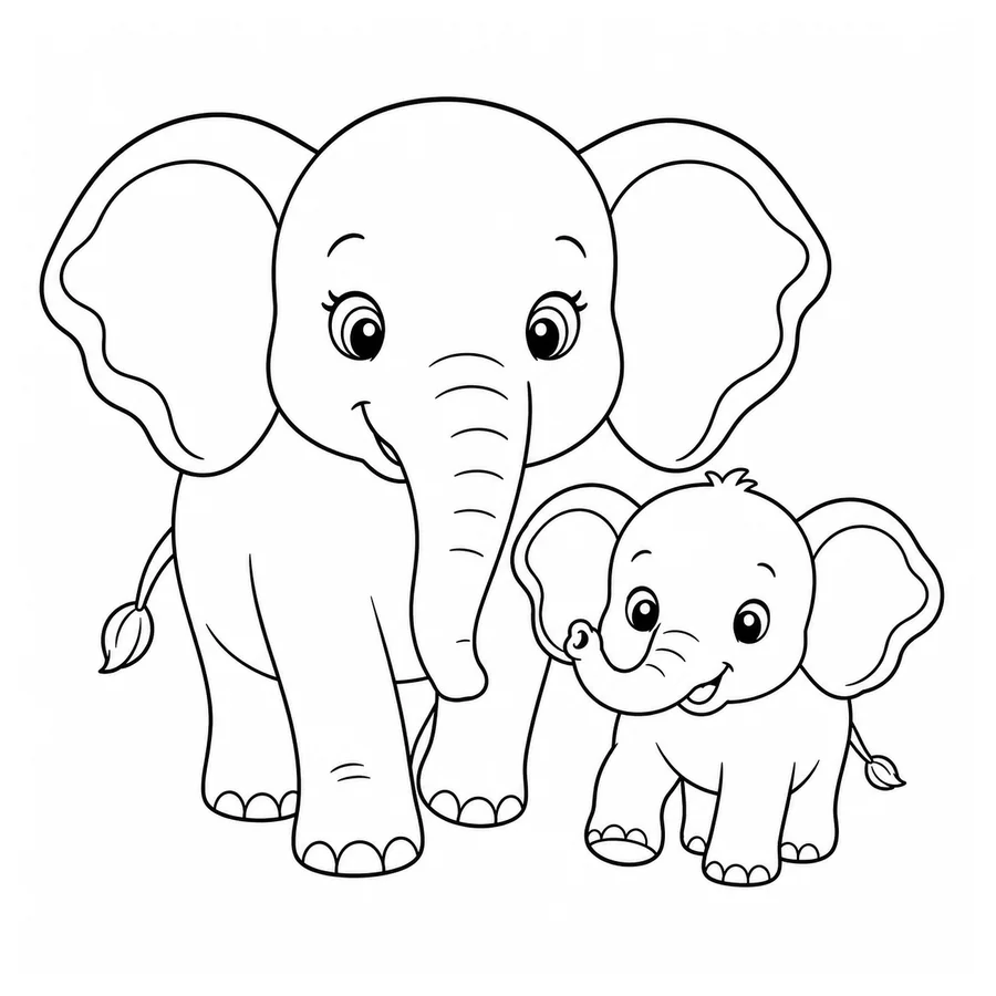 Free printable elephant coloring page: a mother and baby elephant walking together