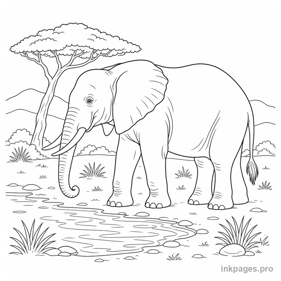 Free printable elephant coloring page: an African elephant in profile near a waterhole with an acacia tree and distant hills