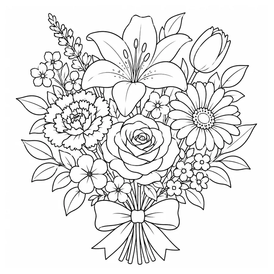 Free printable flower coloring page: a bouquet of mixed flowers