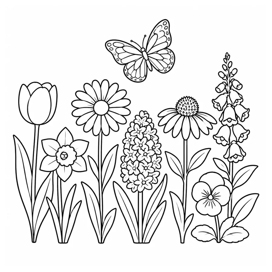 Free printable flower coloring page: a row of garden flowers with a butterfly