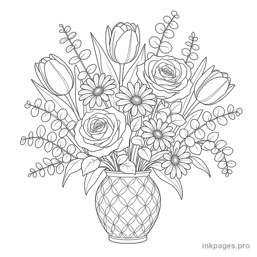 Free printable flower coloring page: a detailed realistic vase holding roses, tulips, daisies and eucalyptus leaves