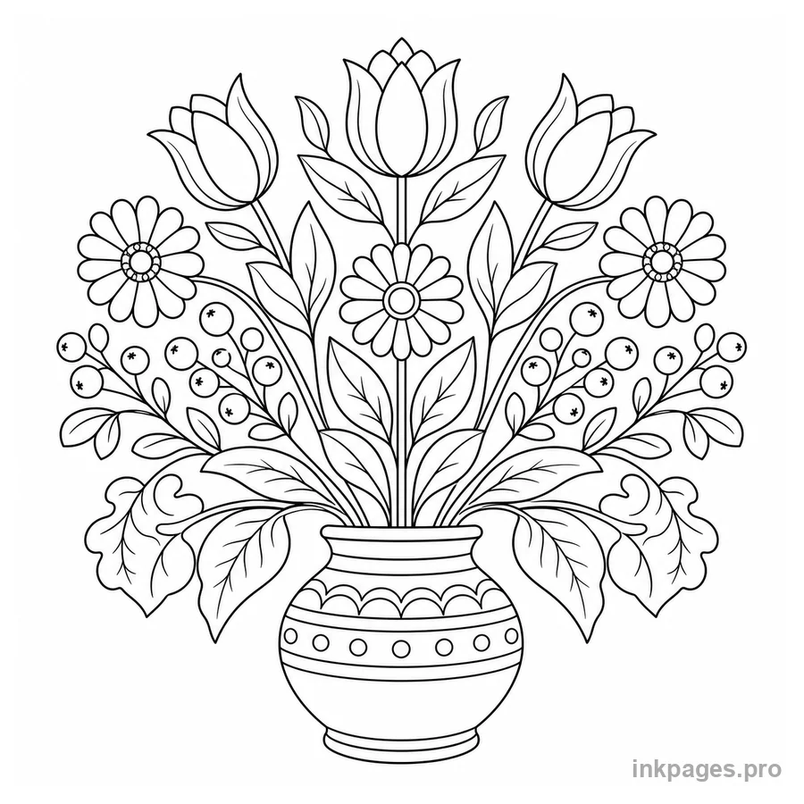Free printable flower coloring page: a symmetrical folk-art bouquet of tulips, daisies and leaves in a rounded vase
