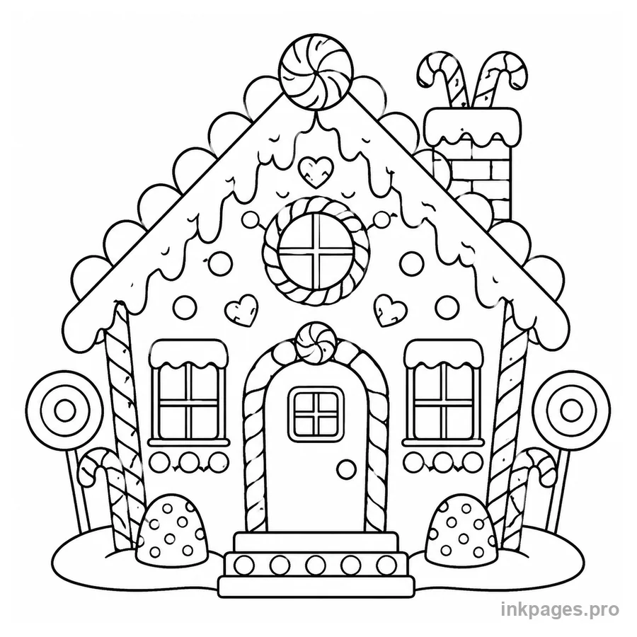 Free printable gingerbread coloring page: a cozy gingerbread house decorated with candy