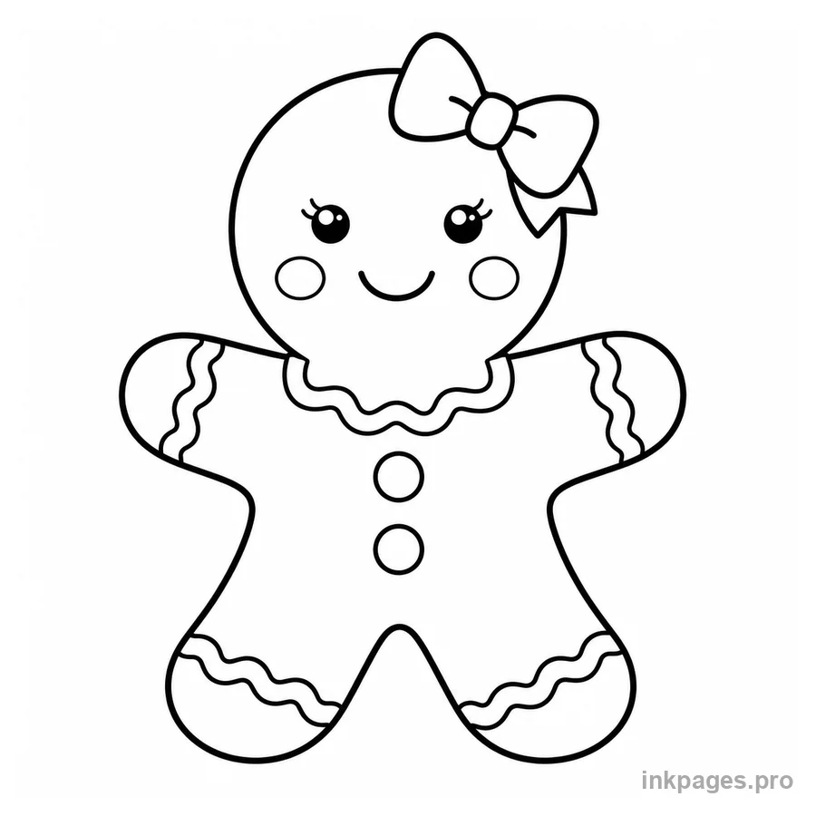 Free printable gingerbread coloring page: a gingerbread girl with a bow and icing trim