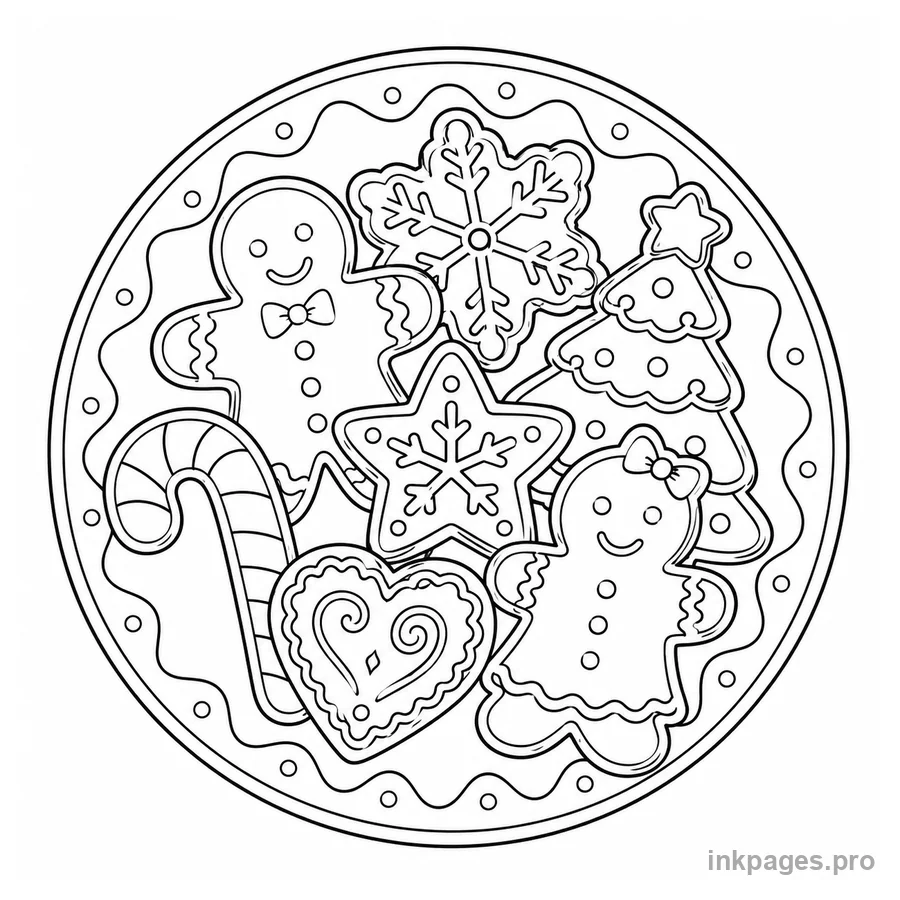 Free printable gingerbread coloring page: a plate of decorated gingerbread cookies