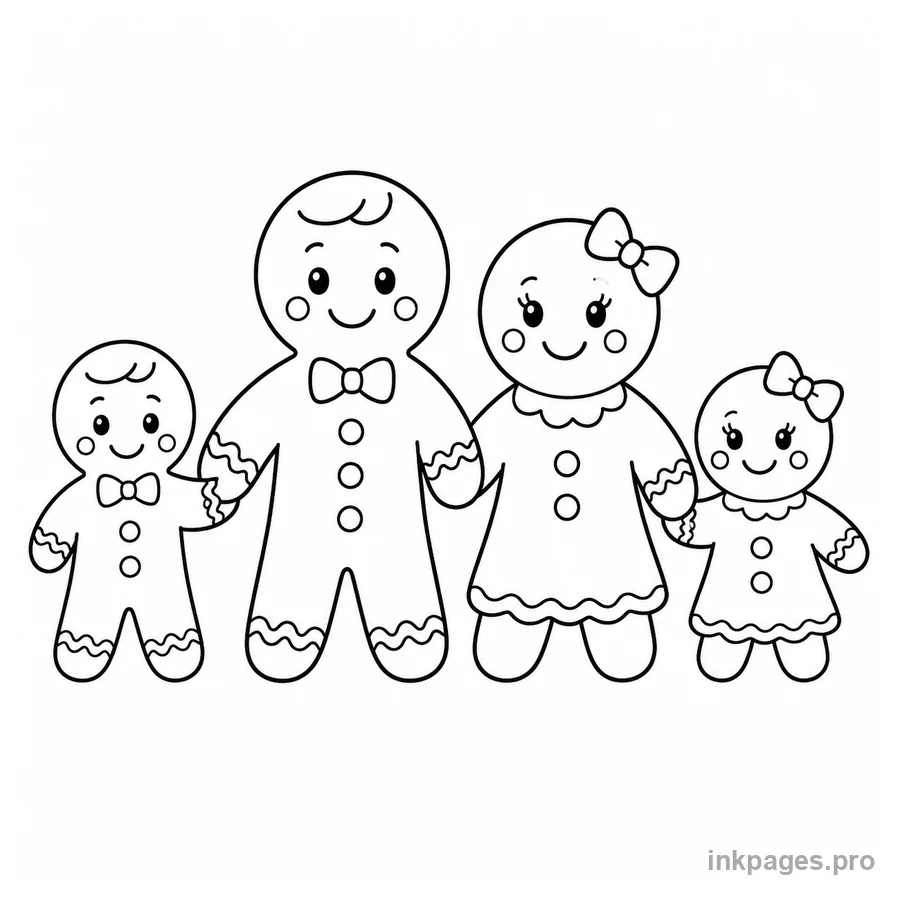 Free printable gingerbread coloring page: a gingerbread family holding hands