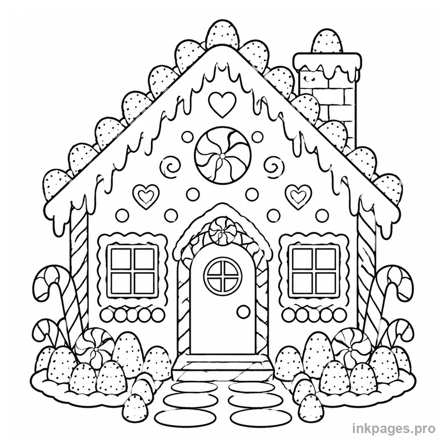 Free printable gingerbread coloring page: a gingerbread house with gumdrops and candy canes