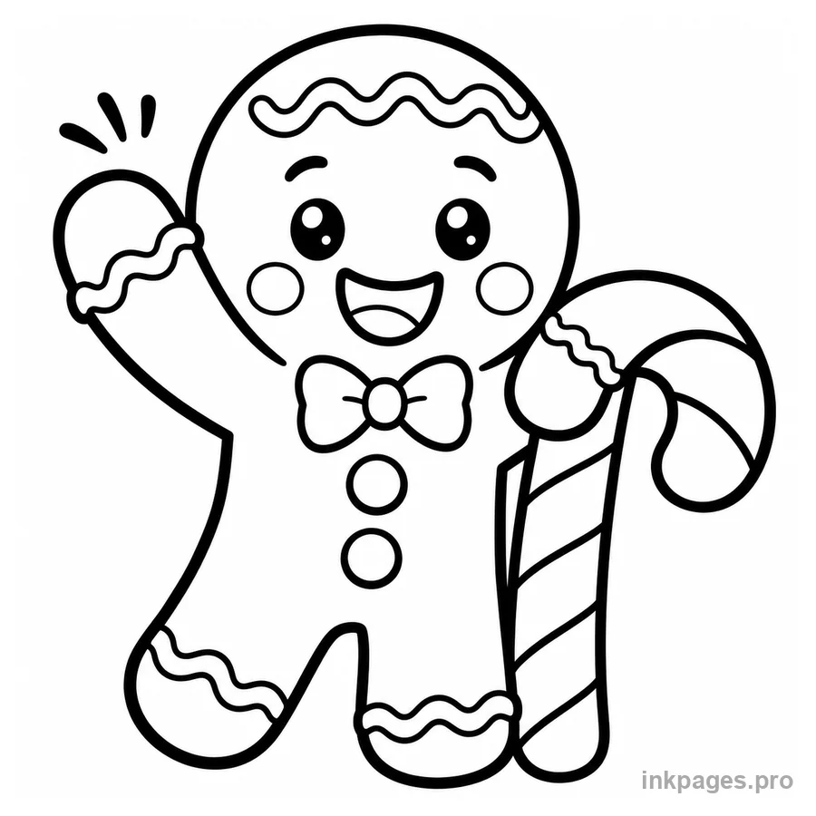 Free printable gingerbread coloring page: a gingerbread man waving next to a candy cane