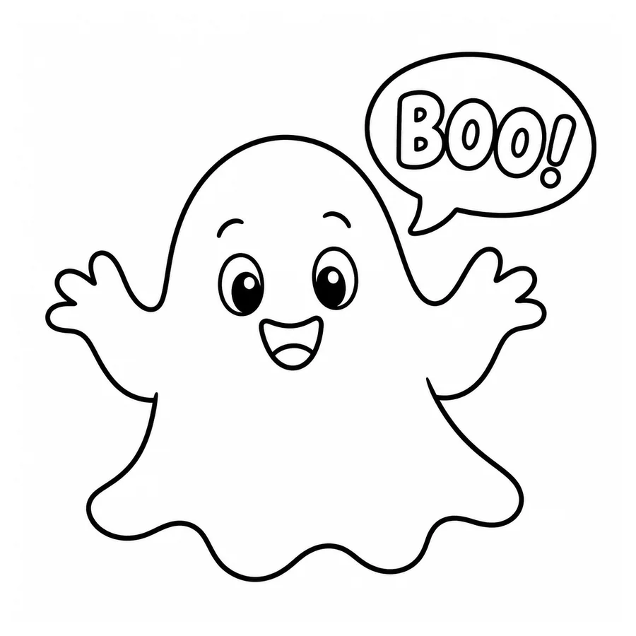 Free printable halloween coloring page: a cute friendly ghost saying boo