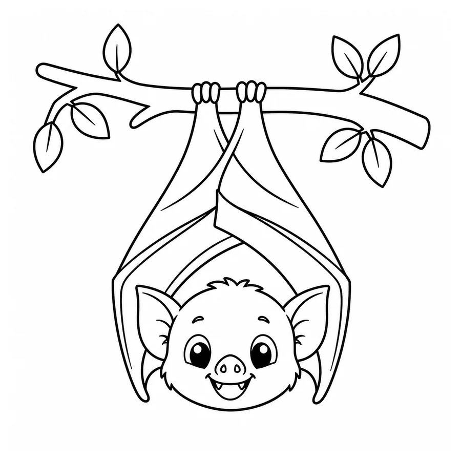 Free printable halloween coloring page: a happy little bat hanging from a branch