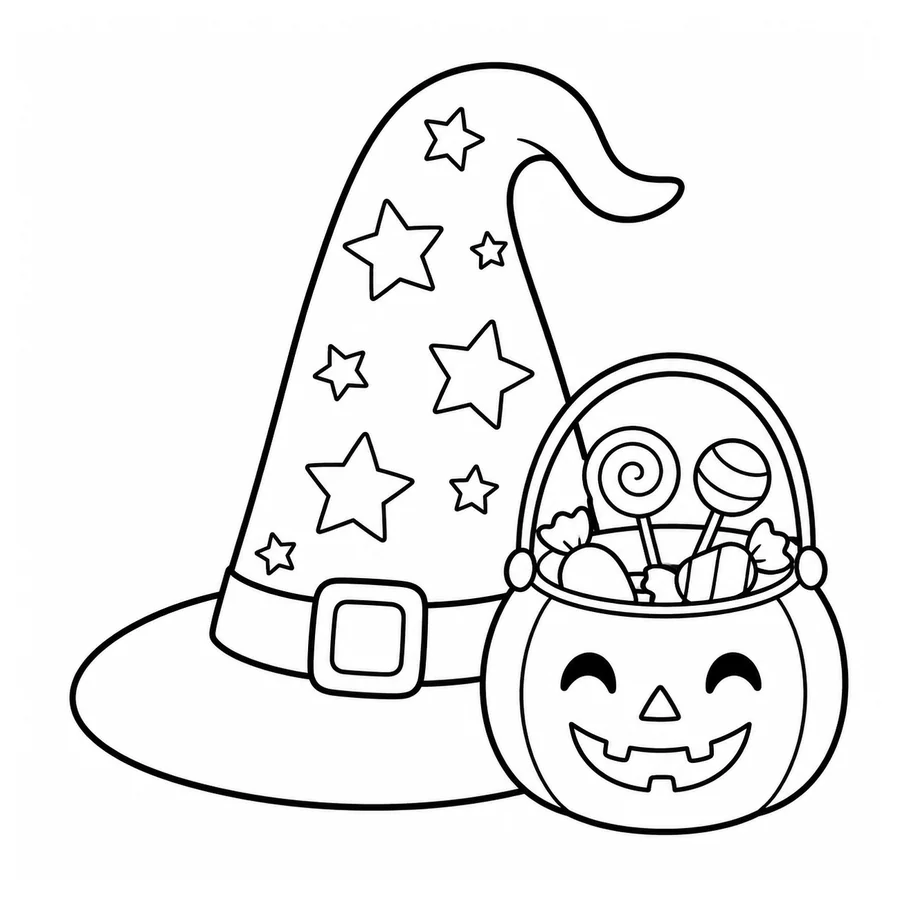 Free printable halloween coloring page: a witch hat with stars and a candy bucket