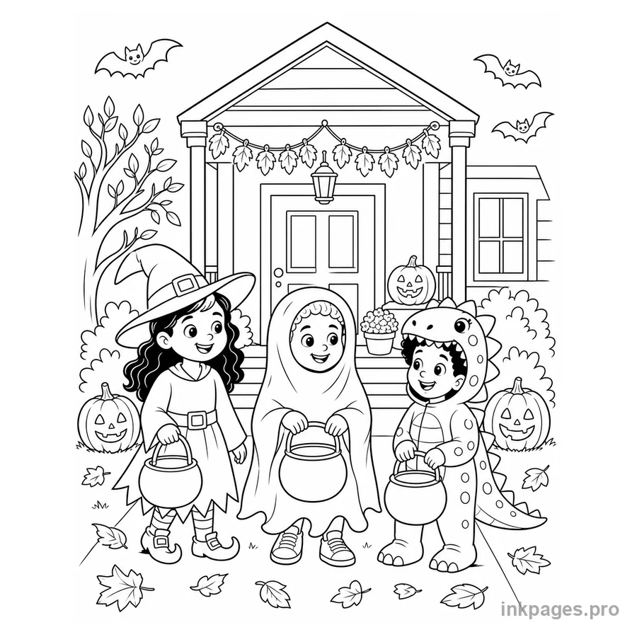Free printable halloween coloring page: three children in generic costumes trick-or-treating at a friendly decorated house