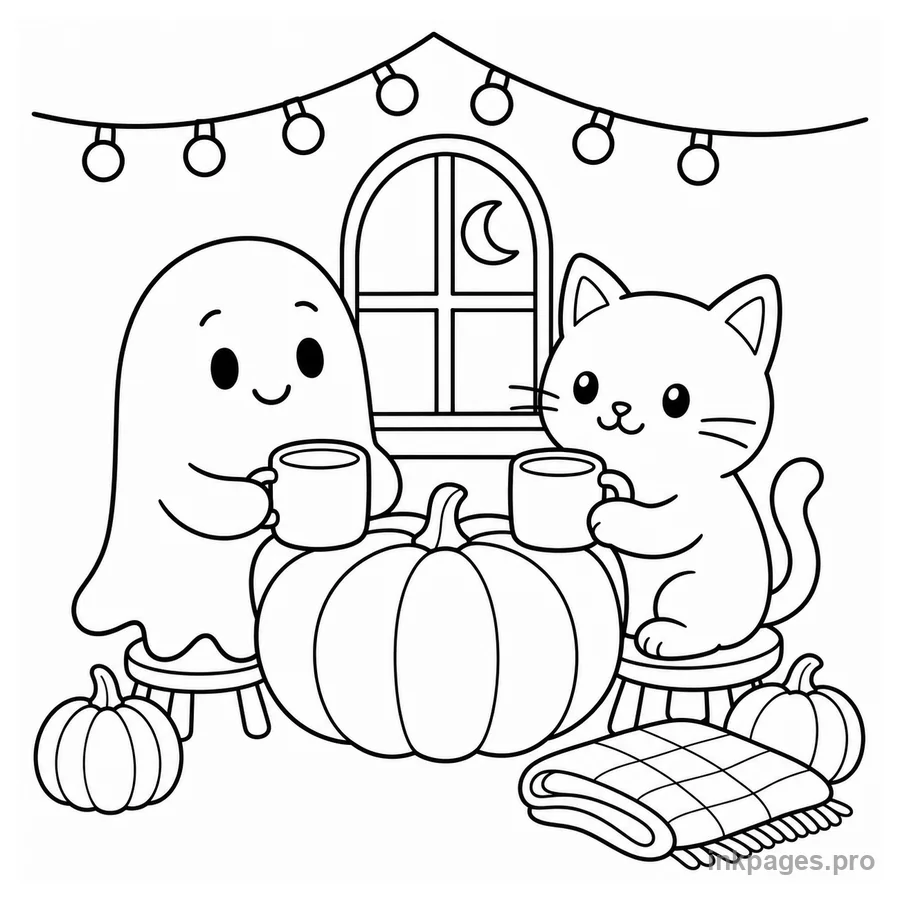Free printable halloween coloring page: a friendly ghost and cat sharing warm drinks at a tiny pumpkin table beneath simple string lights