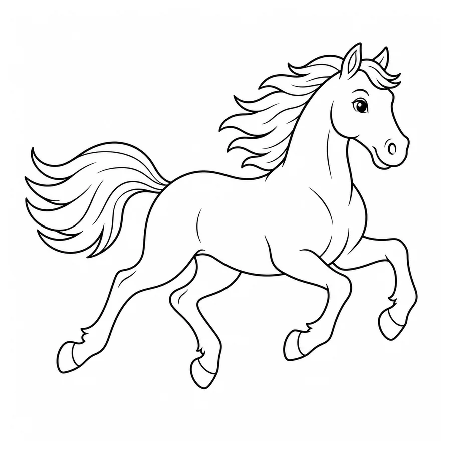 Free printable horse coloring page: a galloping horse with a windswept tail
