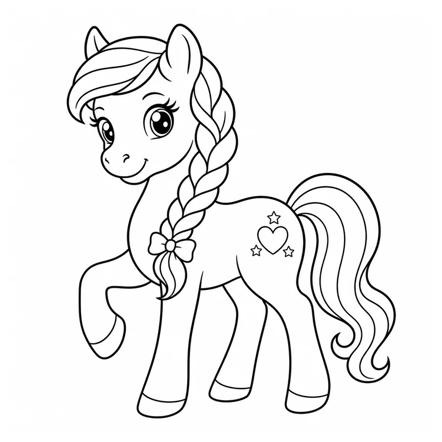 Free printable horse coloring page: a cute pony with a braided mane