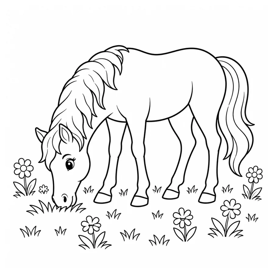 Free printable horse coloring page: a horse grazing in a simple meadow