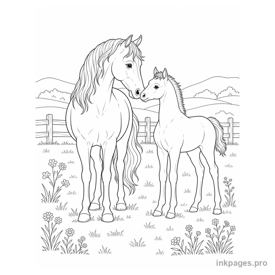 Free printable horse coloring page: a realistic mare and foal touching noses in a simple pasture