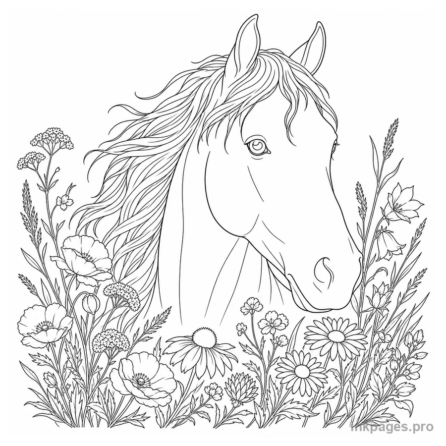 Free printable horse coloring page: a realistic horse head portrait framed by wildflowers with a windblown mane