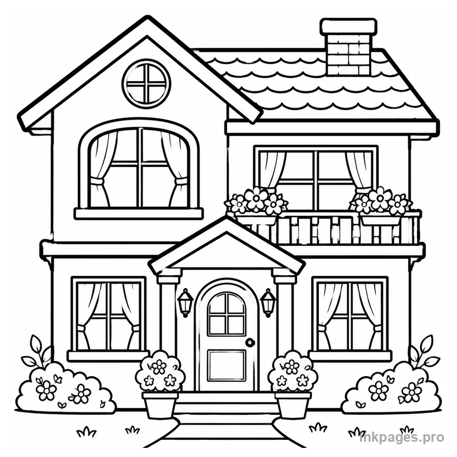 Free printable house coloring page: a two-story family house with windows