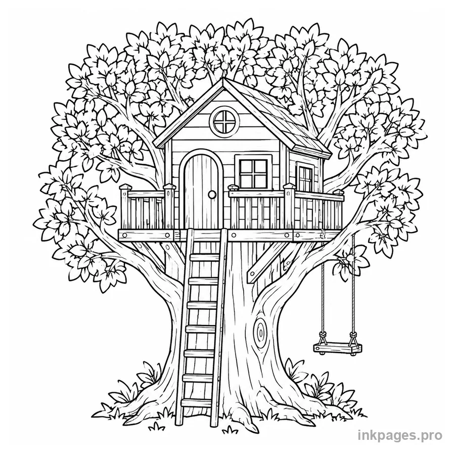 Free printable house coloring page: a treehouse with a ladder in a big tree