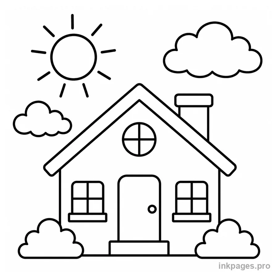 Free printable house coloring page: a simple house with a sun and clouds