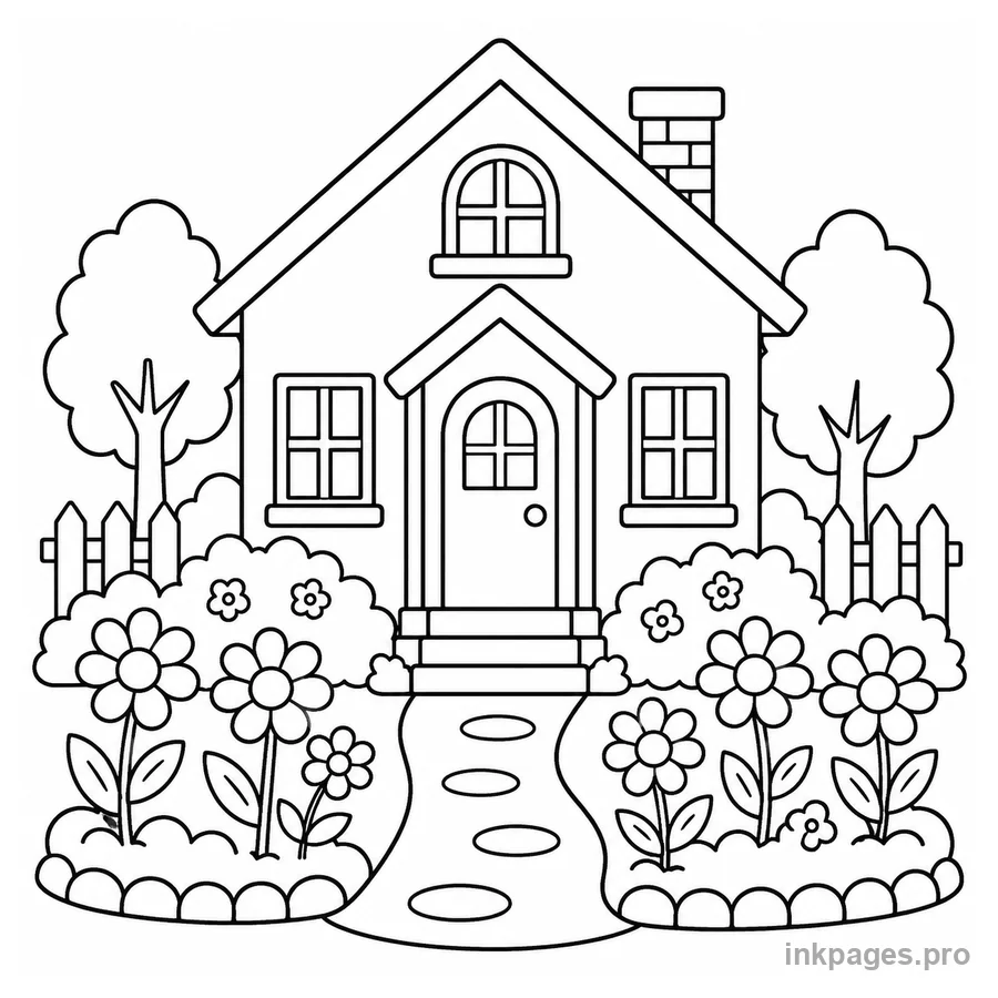Free printable house coloring page: a house with a garden and flowers in front