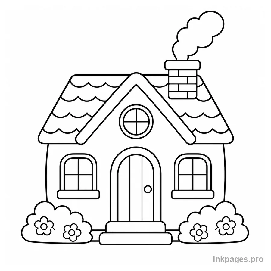 Free printable house coloring page: a small cottage with a chimney and smoke