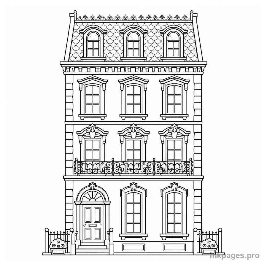 Free printable house coloring page: a tall townhouse with many windows