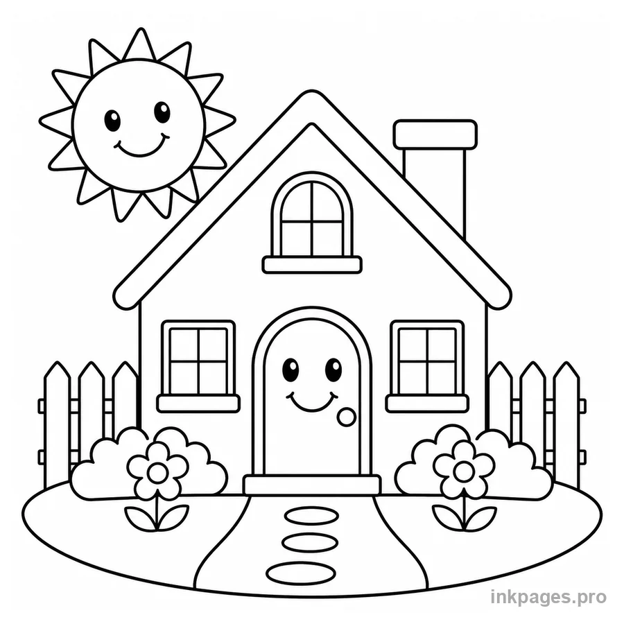 Free printable house coloring page: a friendly house with a smiling sun