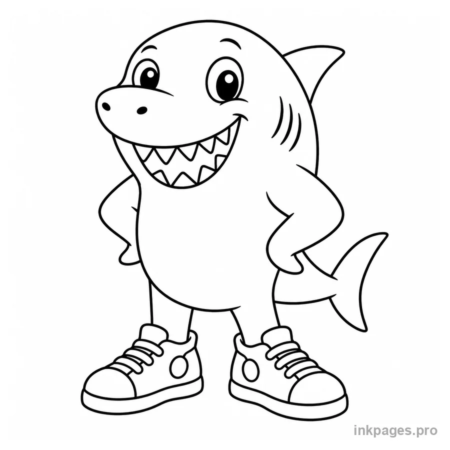 Free printable italian brainrot coloring page: a silly shark wearing sneakers standing upright and smiling