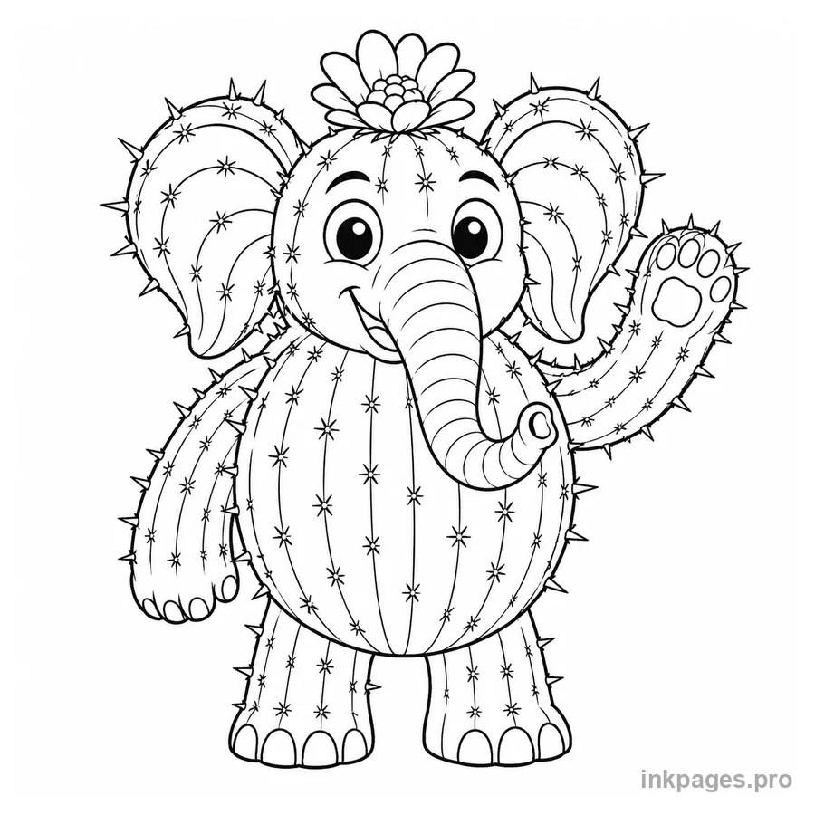 Free printable italian brainrot coloring page: a wacky elephant and cactus hybrid creature waving