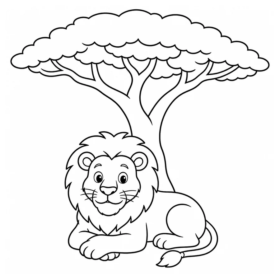 Free printable lion coloring page: a lion resting under a simple acacia tree