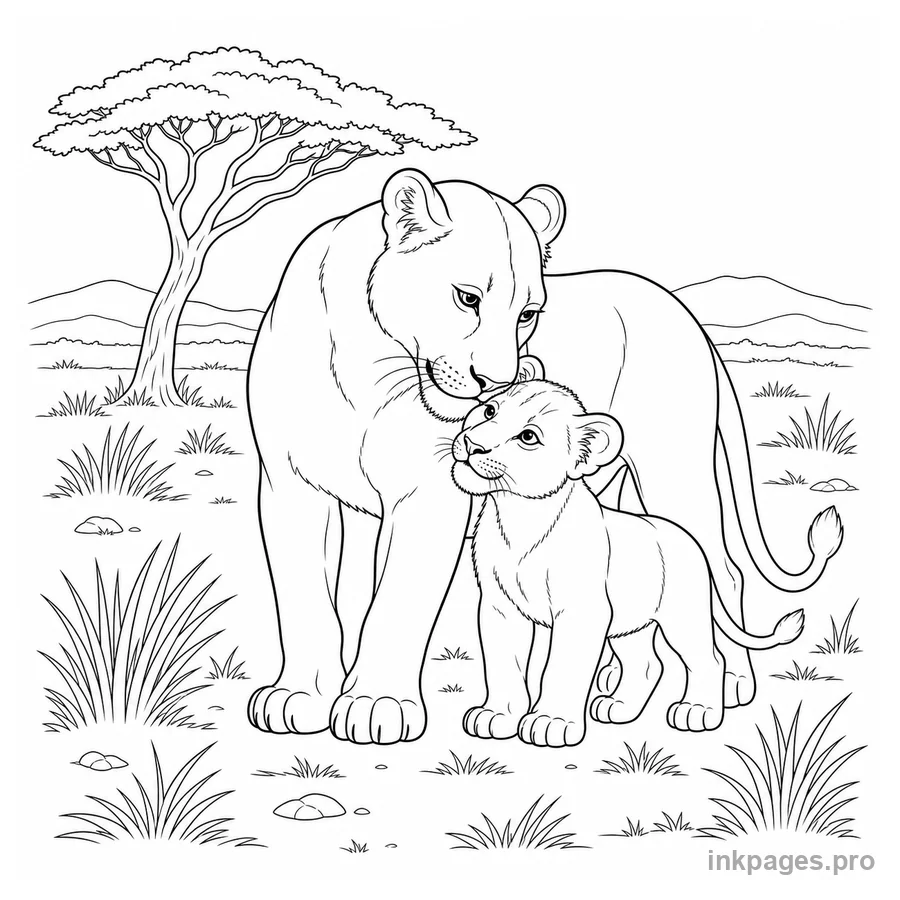 Free printable lion coloring page: a realistic lioness nuzzling her cub in a simple savanna setting