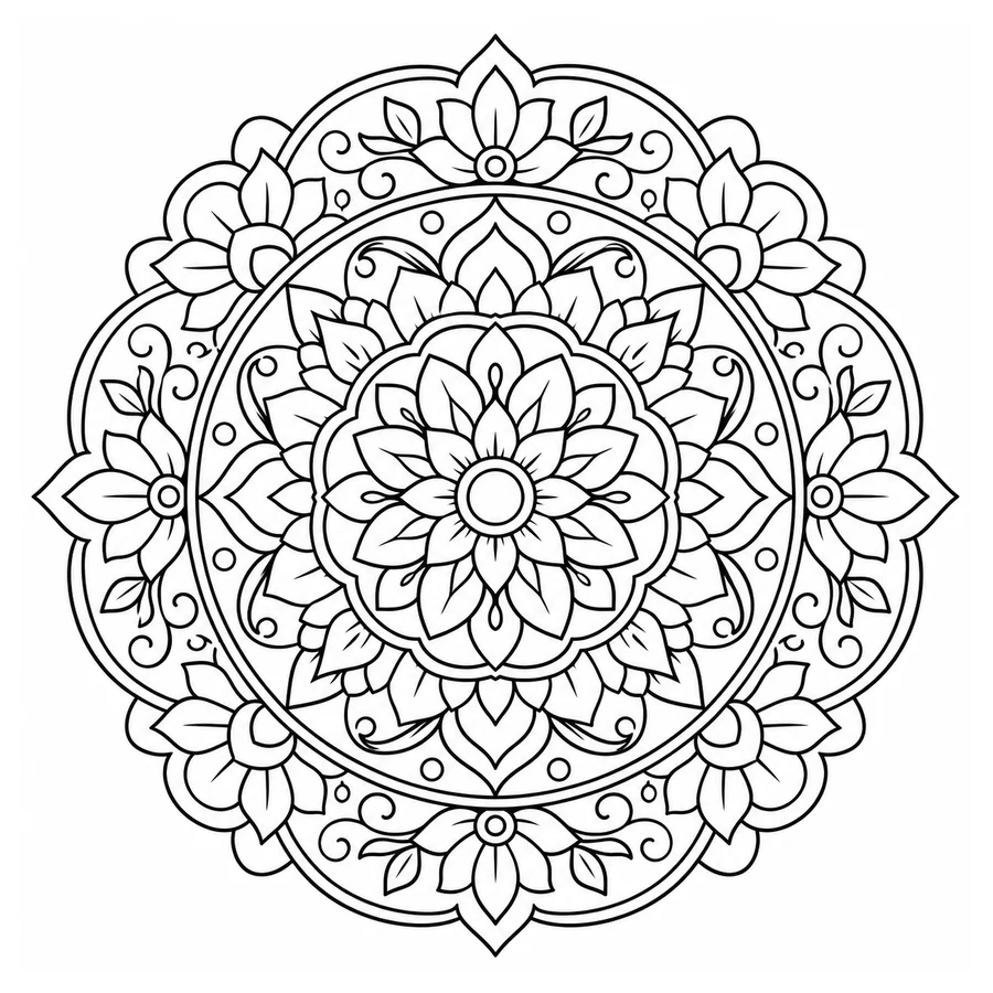 Free printable mandala coloring page: an intricate circular mandala with floral patterns