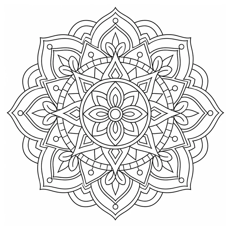 Free printable mandala coloring page: a symmetric geometric mandala with fine line work