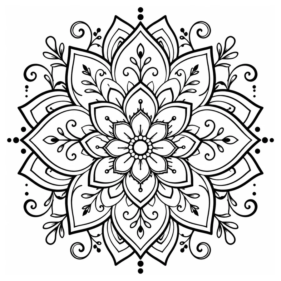 Free printable mandala coloring page: a detailed flower mandala with layered petals
