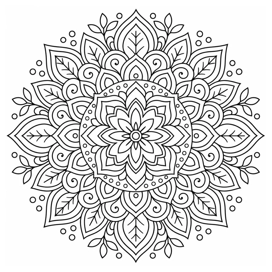 Free printable mandala coloring page: an ornate mandala with leaves and dots