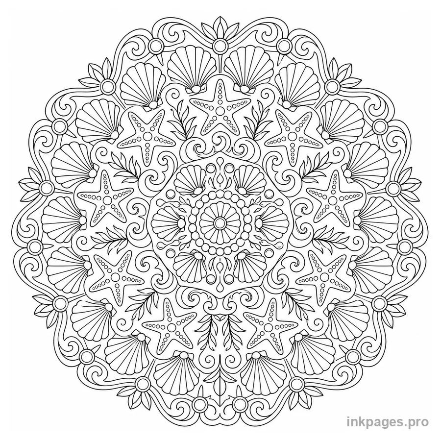 Free printable mandala coloring page: an intricate ocean mandala with perfectly radial shells, waves and starfish