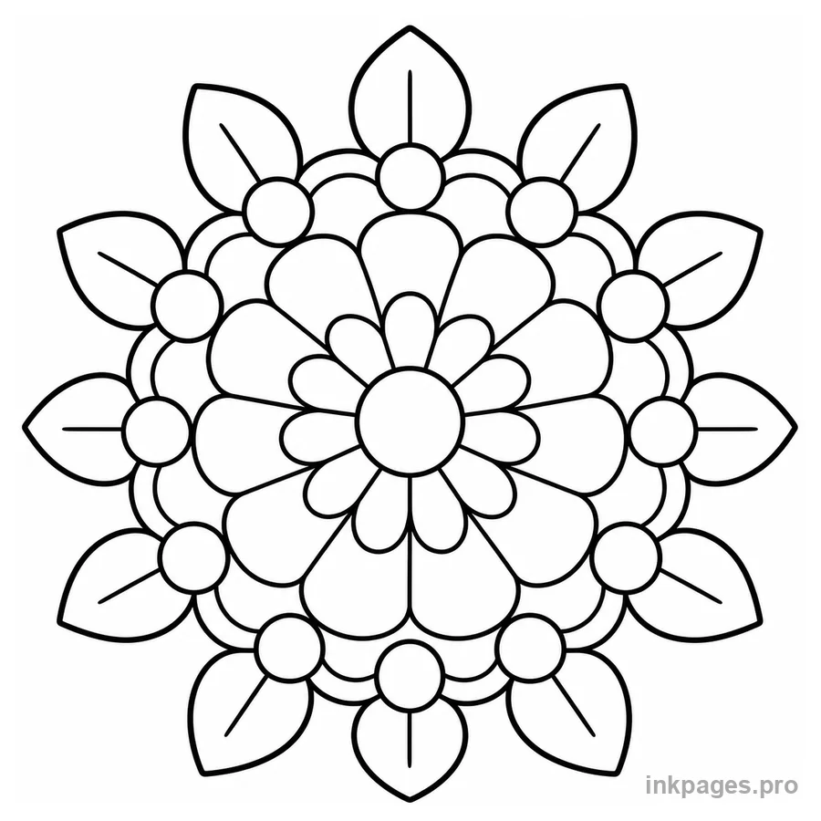 Free printable mandala coloring page: a bold-and-easy floral sun mandala made from large petals, arches, circles and simple leaves